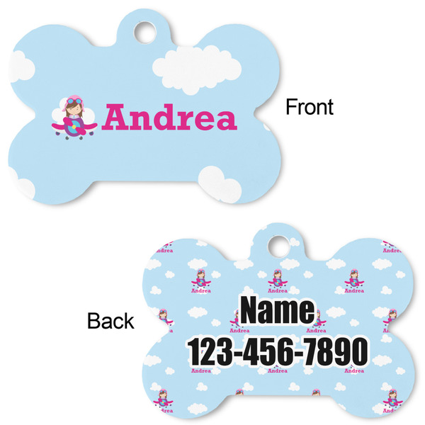 Airplane & Girl Pilot Bone Shaped Dog ID Tag - Large - Approval