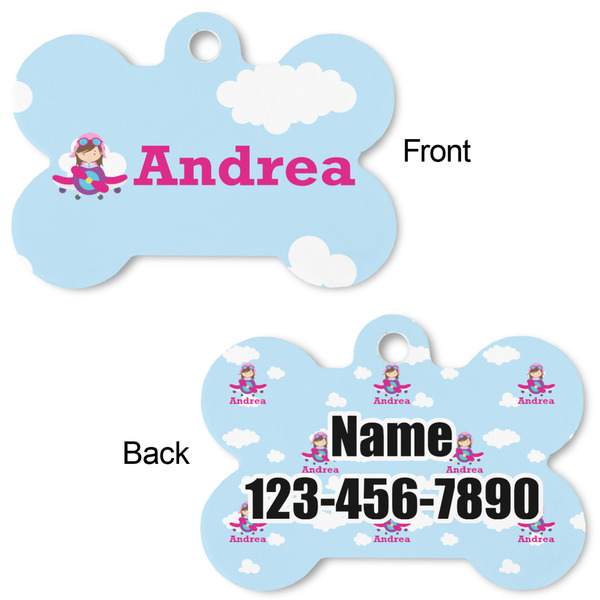 Airplane & Girl Pilot Bone Shaped Dog Tag - Front & Back