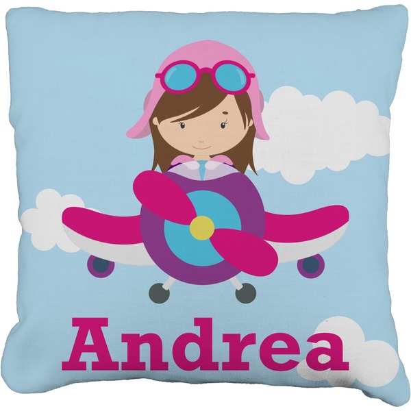 Custom Airplane & Girl Pilot Faux-Linen Throw Pillow 16" (Personalized)
