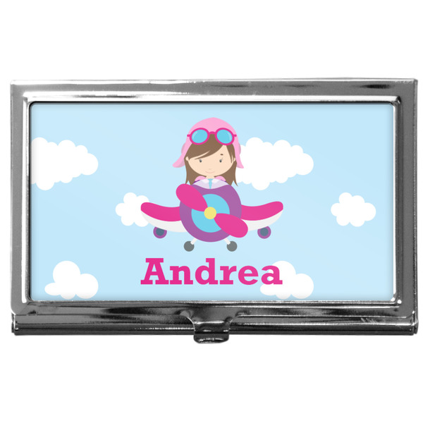 Custom Airplane & Girl Pilot Business Card Case