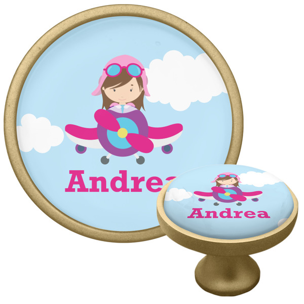 Custom Airplane & Girl Pilot Cabinet Knob - Gold (Personalized)