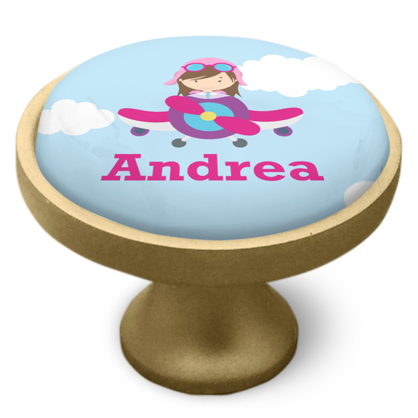 Airplane & Girl Pilot Cabinet Knob - Gold - Side