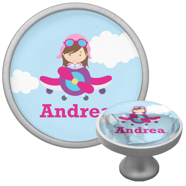Airplane & Girl Pilot Cabinet Knob - Nickel - Multi Angle