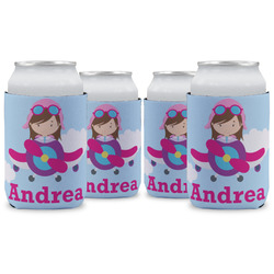 Airplane & Girl Pilot Can Cooler (12 oz) - Set of 4 w/ Name or Text