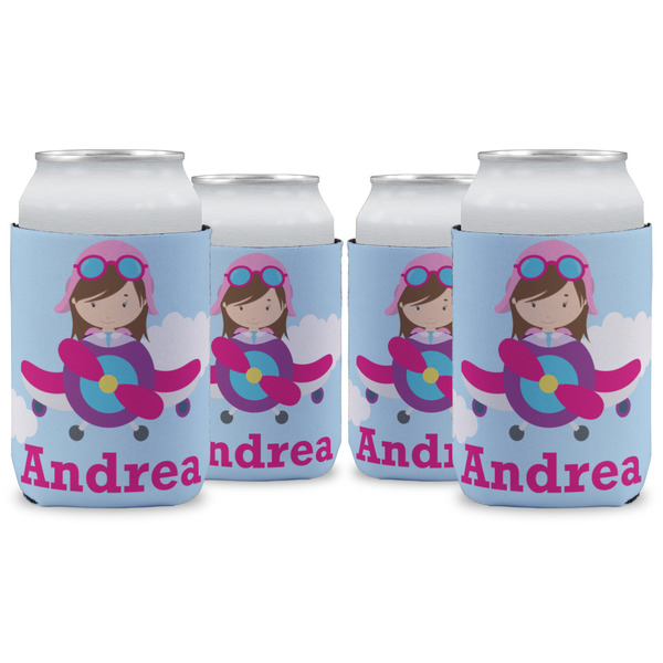 Custom Airplane & Girl Pilot Can Cooler (12 oz) - Set of 4 w/ Name or Text