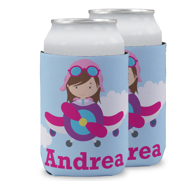 Custom Airplane & Girl Pilot Can Cooler (12 oz) w/ Name or Text