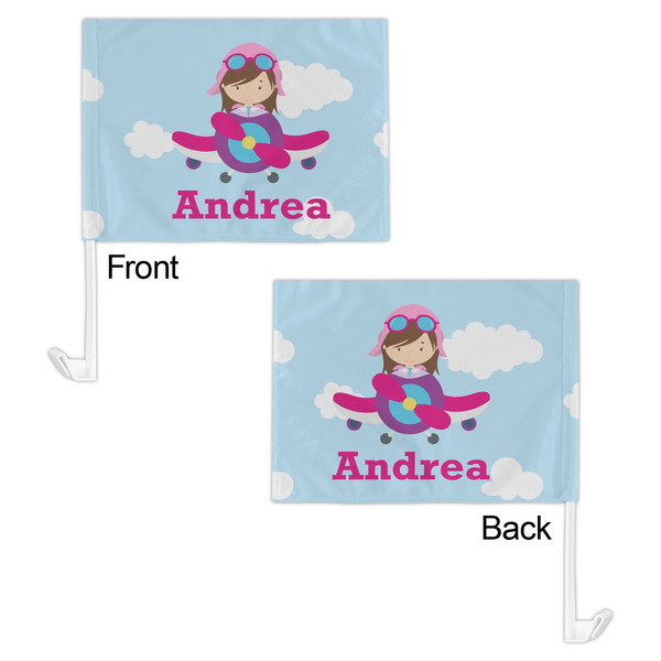 Airplane & Girl Pilot Car Flag - 11" x 8" - Front & Back View