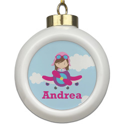 Airplane & Girl Pilot Ceramic Ball Ornament (Personalized)