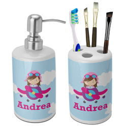 Airplane & Girl Pilot Ceramic Bathroom Accessories Set (Personalized)