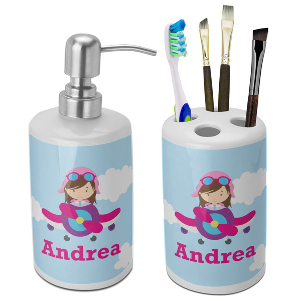 Custom Airplane & Girl Pilot Ceramic Bathroom Accessories Set (Personalized)