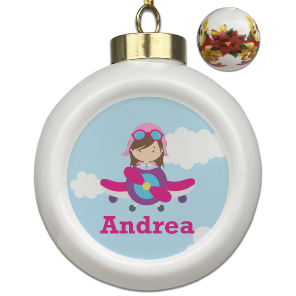 Custom Airplane & Girl Pilot Ceramic Ball Ornaments - Poinsettia Garland (Personalized)