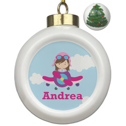 Airplane & Girl Pilot Ceramic Ball Ornament - Christmas Tree (Personalized)