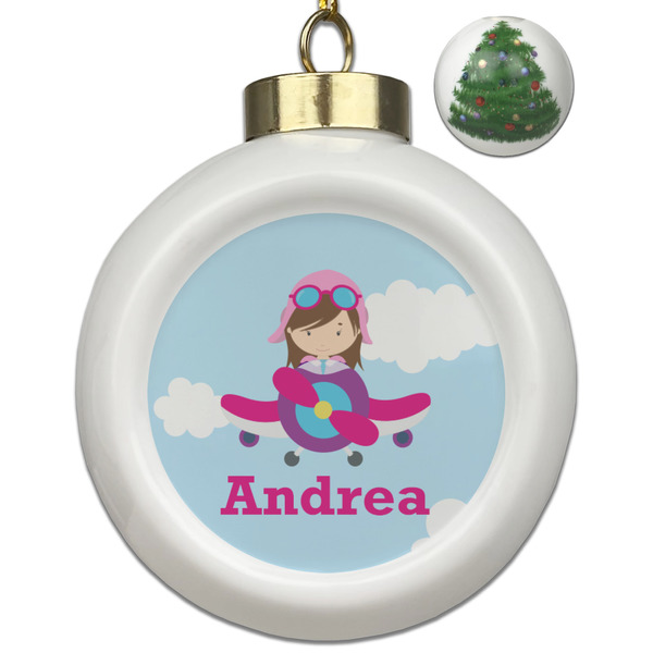 Custom Airplane & Girl Pilot Ceramic Ball Ornament - Christmas Tree (Personalized)