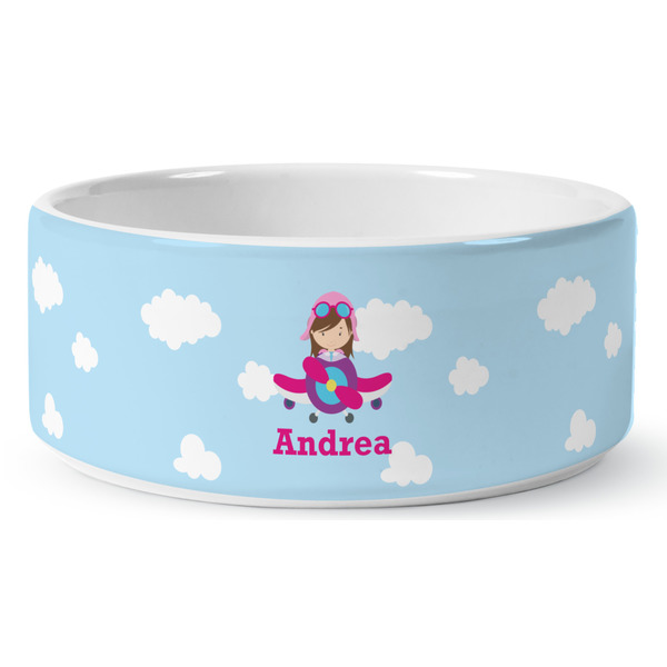 Airplane & Girl Pilot Ceramic Dog Bowl - Medium - Front