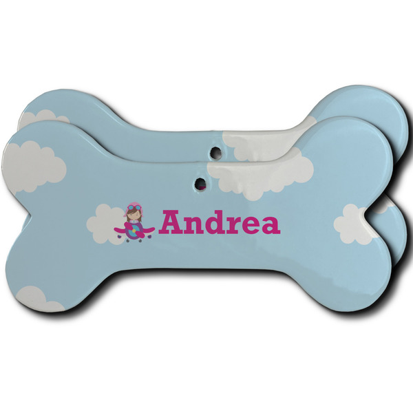 Custom Airplane & Girl Pilot Ceramic Dog Ornament - Front & Back w/ Name or Text