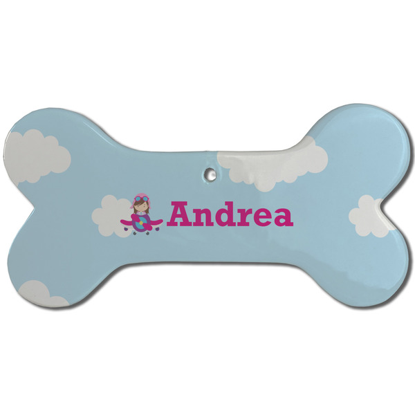Custom Airplane & Girl Pilot Ceramic Dog Ornament - Front w/ Name or Text