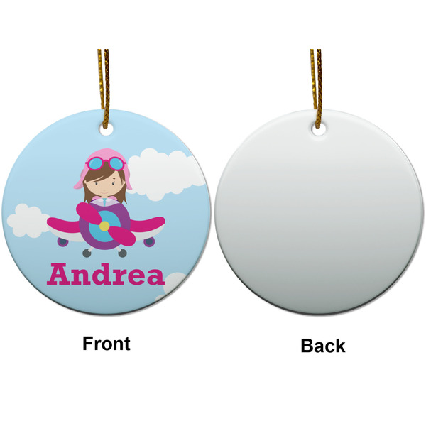 Airplane & Girl Pilot Ceramic Flat Ornament - Circle Front & Back (APPROVAL)