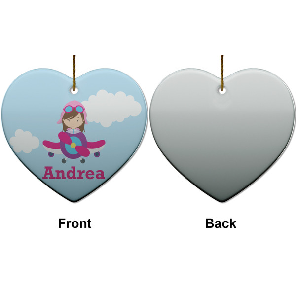 Airplane & Girl Pilot Ceramic Flat Ornament - Heart Front & Back (APPROVAL)