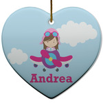 Airplane & Girl Pilot Heart Ceramic Ornament w/ Name or Text