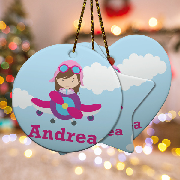 Custom Airplane & Girl Pilot Ceramic Ornament w/ Name or Text