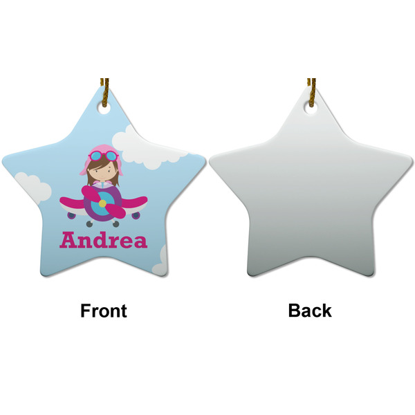 Airplane & Girl Pilot Ceramic Flat Ornament - Star Front & Back (APPROVAL)