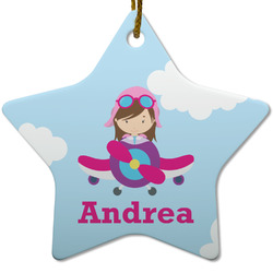 Airplane & Girl Pilot Star Ceramic Ornament w/ Name or Text