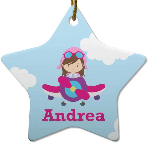 Airplane & Girl Pilot Ceramic Flat Ornament - Star (Front)
