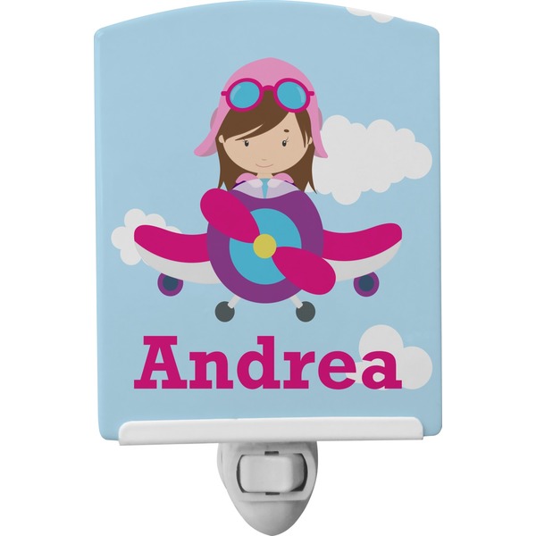 Custom Airplane & Girl Pilot Ceramic Night Light (Personalized)