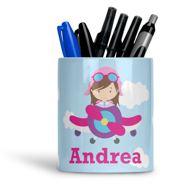 Custom Airplane & Girl Pilot Ceramic Pen Holder