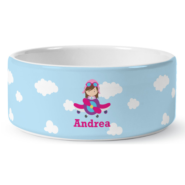 Custom Airplane & Girl Pilot Ceramic Dog Bowl - Large (Personalized)