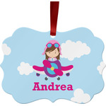Airplane & Girl Pilot Metal Frame Ornament - Double Sided w/ Name or Text