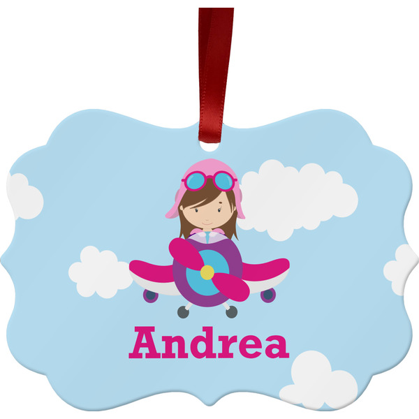 Custom Airplane & Girl Pilot Metal Frame Ornament - Double Sided w/ Name or Text
