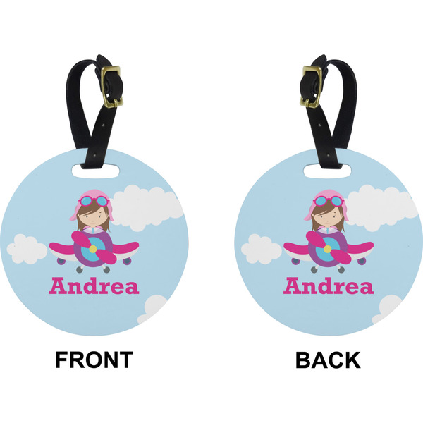 Airplane & Girl Pilot Circle Luggage Tag (Front + Back)