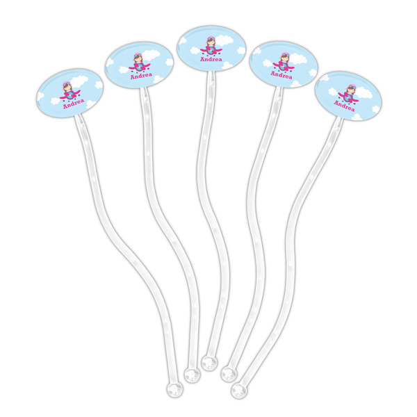 Airplane & Girl Pilot Clear Plastic 7" Stir Stick - Oval - Fan