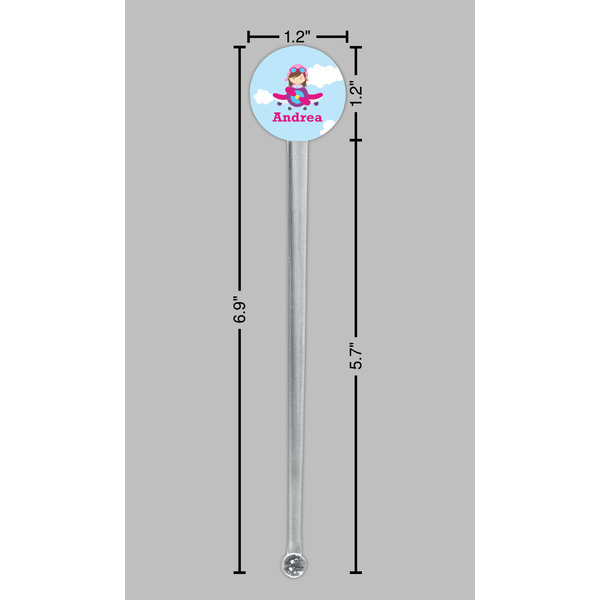 Airplane & Girl Pilot Clear Plastic 7" Stir Stick - Round - Dimensions