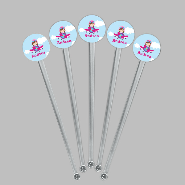 Airplane & Girl Pilot Clear Plastic 7" Stir Stick - Round - Fan View