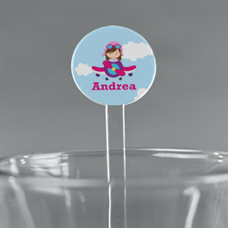 Airplane & Girl Pilot 7" Round Plastic Stir Sticks - Clear (Personalized)