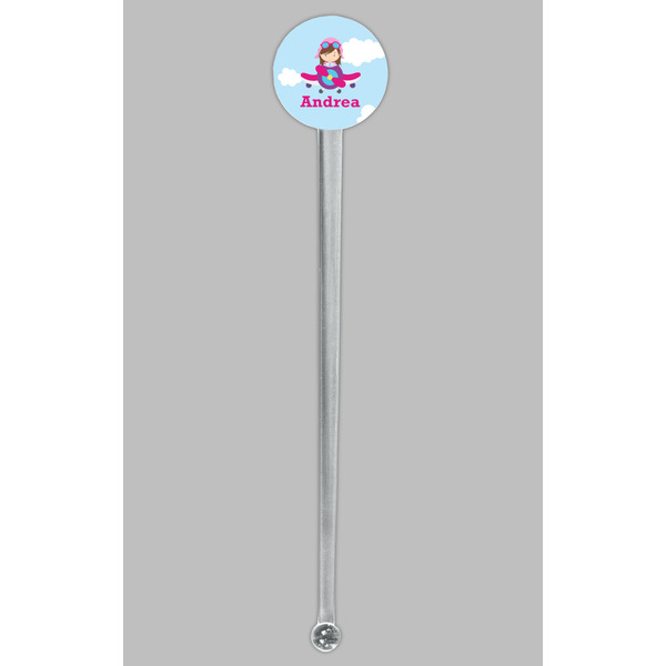 Airplane & Girl Pilot Clear Plastic 7" Stir Stick - Round - Single Stick