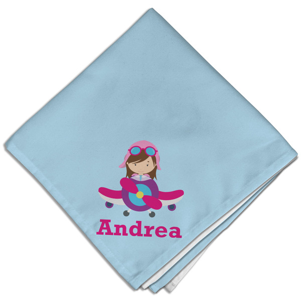 Custom Airplane & Girl Pilot Cloth Dinner Napkin - Single w/ Name or Text