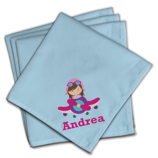 Custom Airplane & Girl Pilot Cloth Napkins (Set of 4) (Personalized)