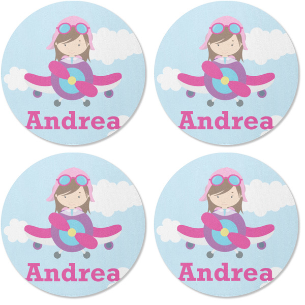 Airplane & Girl Pilot Coaster Round Rubber Back - Apvl