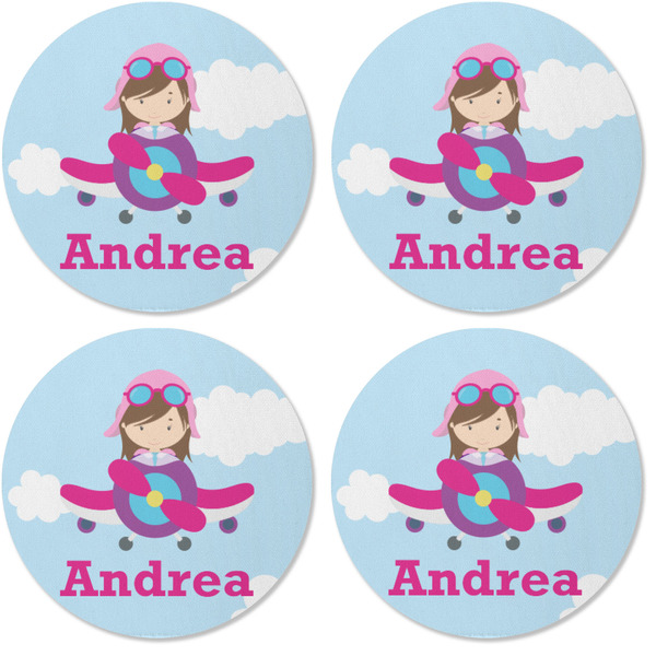 Airplane & Girl Pilot Coaster Round Rubber Back - Apvl