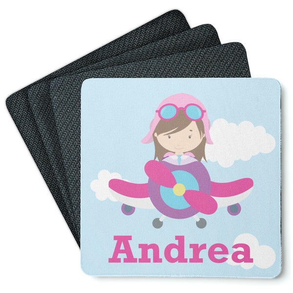 Custom Airplane & Girl Pilot Square Rubber Backed Coasters - Set of 4 (Personalized)