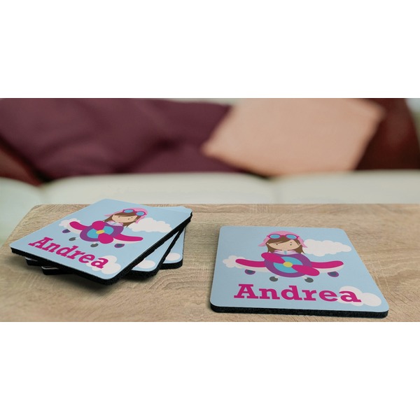 Airplane & Girl Pilot Coaster Rubber Back - On Coffee Table