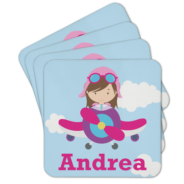 Custom Airplane & Girl Pilot Cork Coaster - Set of 4 w/ Name or Text
