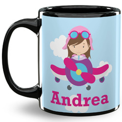 Airplane & Girl Pilot 11 Oz Coffee Mug - Black (Personalized)