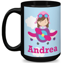 Airplane & Girl Pilot 15 Oz Coffee Mug - Black (Personalized)