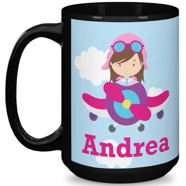 Custom Airplane & Girl Pilot 15 Oz Coffee Mug - Black (Personalized)