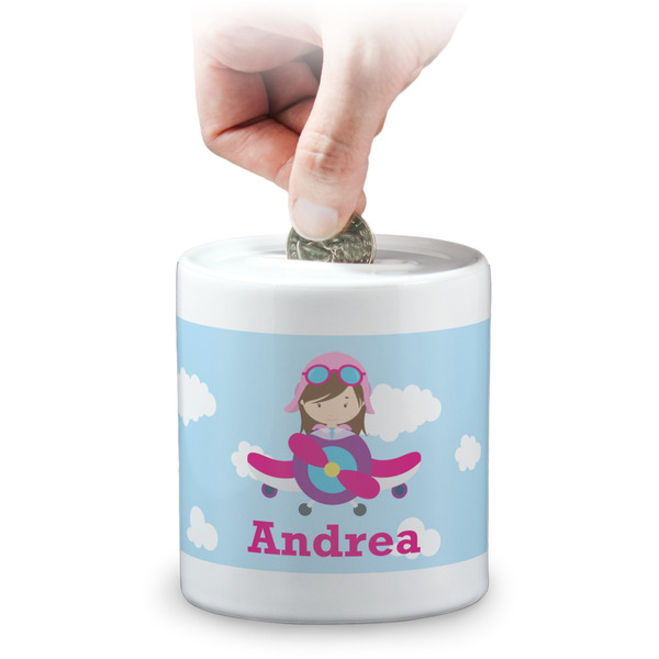 Custom Airplane & Girl Pilot Coin Bank (Personalized)