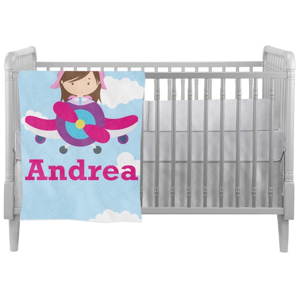 Custom Airplane & Girl Pilot Crib Comforter / Quilt (Personalized)